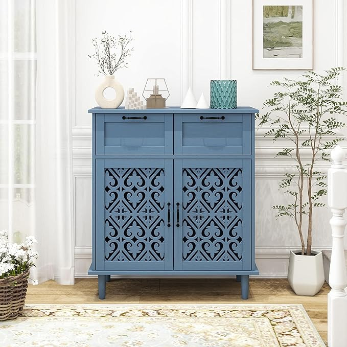 Blue Buffet Sideboard Cabinet with 2 Doors 2 Drawers - Accent Cabinet with Adjustable Shelves，3... | Amazon (US)