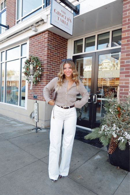 grey and cream button up sweater and white wide leg anine bing jeans 
sweater: in a small 
jeans: in my usual 26 
victoria emerson: code emerson 
electric picks: code emerson20


#LTKSeasonal #LTKstyletip #LTKsalealert