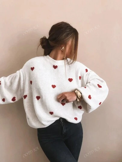 Women's Autumn And Winter Cute Love Random Jacquard Loose Casual Fashion Round Neck Long Sleeve P... | SHEIN