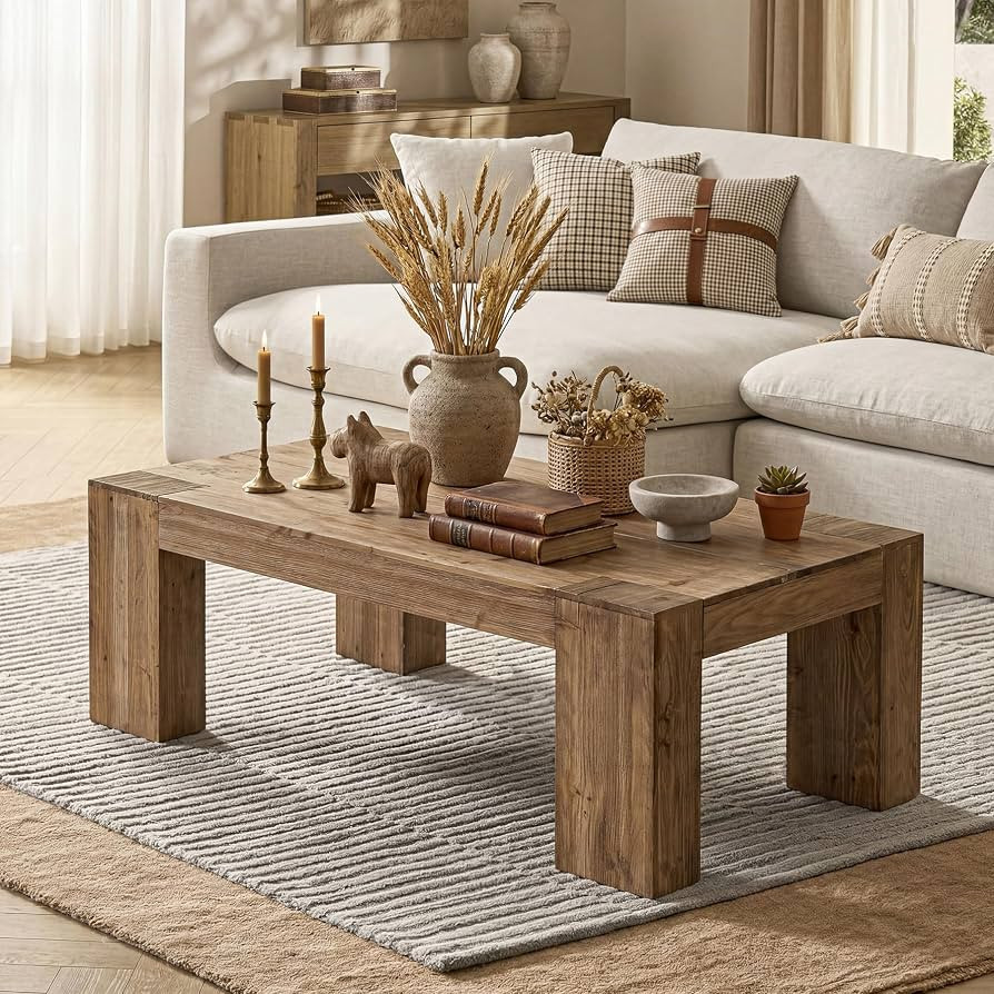 LITTLE TREE Solid Wood Coffee Table, Modern Farmhouse Wooden Center Table with Heavy-Duty Legs, R... | Amazon (US)