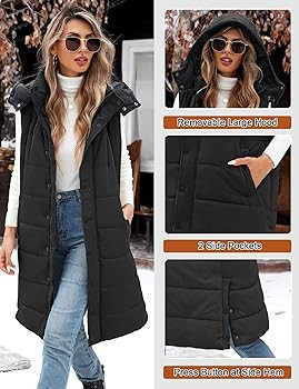 Long Puffer Vest Women With Hood Sleeveless Down Vest Warm Jacket Winter Coat With Pockets | Amazon (US)