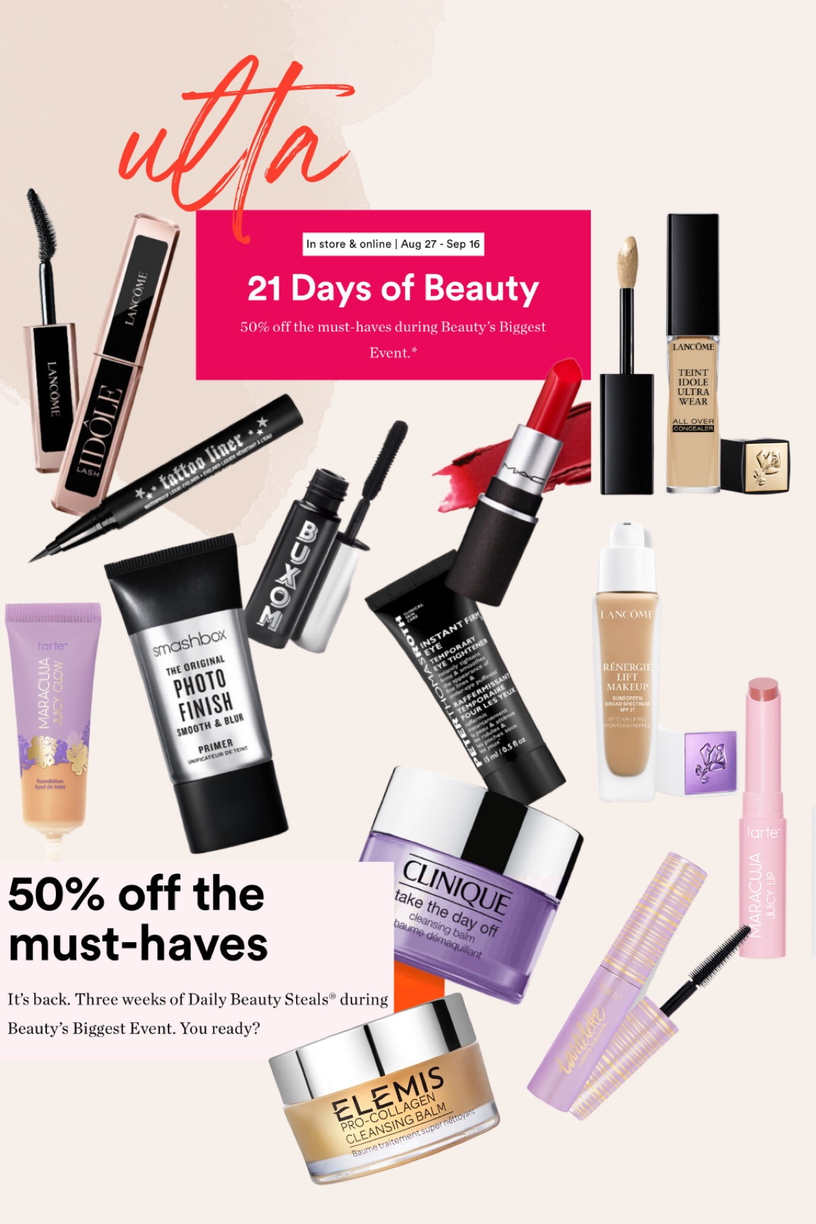Ulta 21 days of beauty sale starts today! 50 % off the must havs and favs! 
Stock up now! 


#LTKbeauty #LTKSale #LTKsalealert