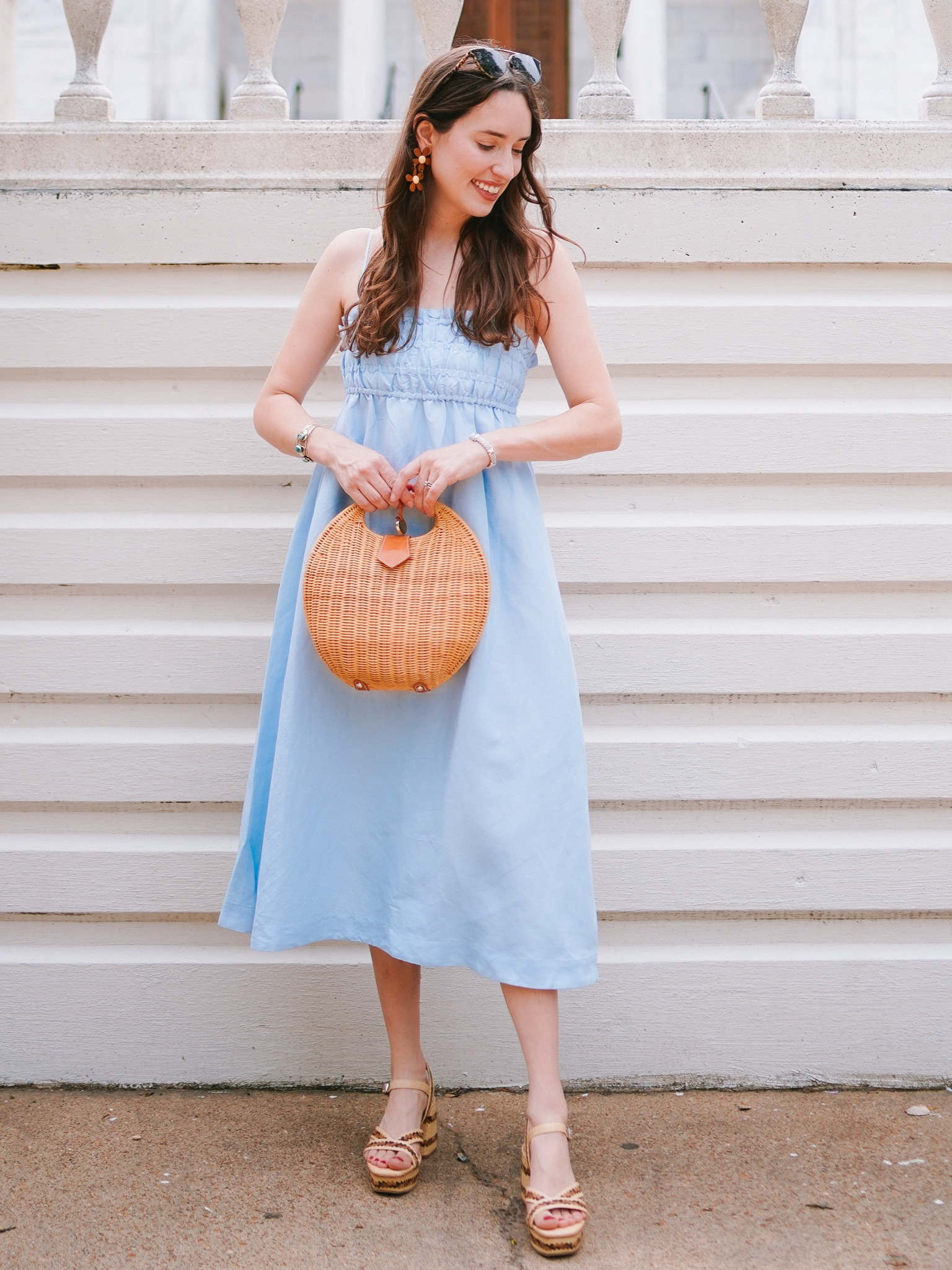 blue linen sundress - hermoza linen dress with wicker purse and woven platform heels 

#LTKSummerEdit #LTKItBag #LTKShoeCrush