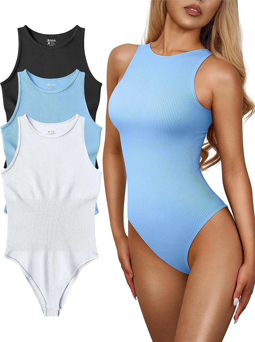 OQQ Women's 3 Piece Bodysuits Sexy Ribbed One Piece Sleeveless Halter Neck Bodysuits | Amazon (US)