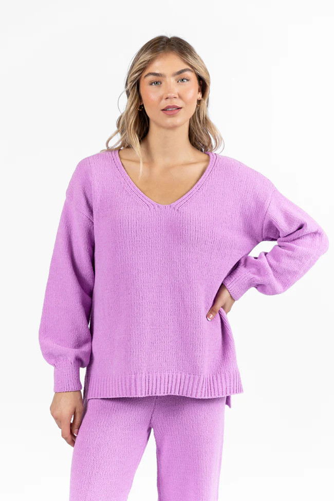 Cozy For Keeps Lavender V-Neck Sweater DOORBUSTER | Pink Lily
