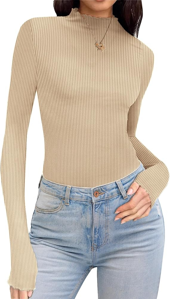 Ekouaer Turtleneck Shirt Women Ribbed Long Sleeve Shirts Lettuce Trim Mock Neck Tops Slim Fit Bas... | Amazon (US)