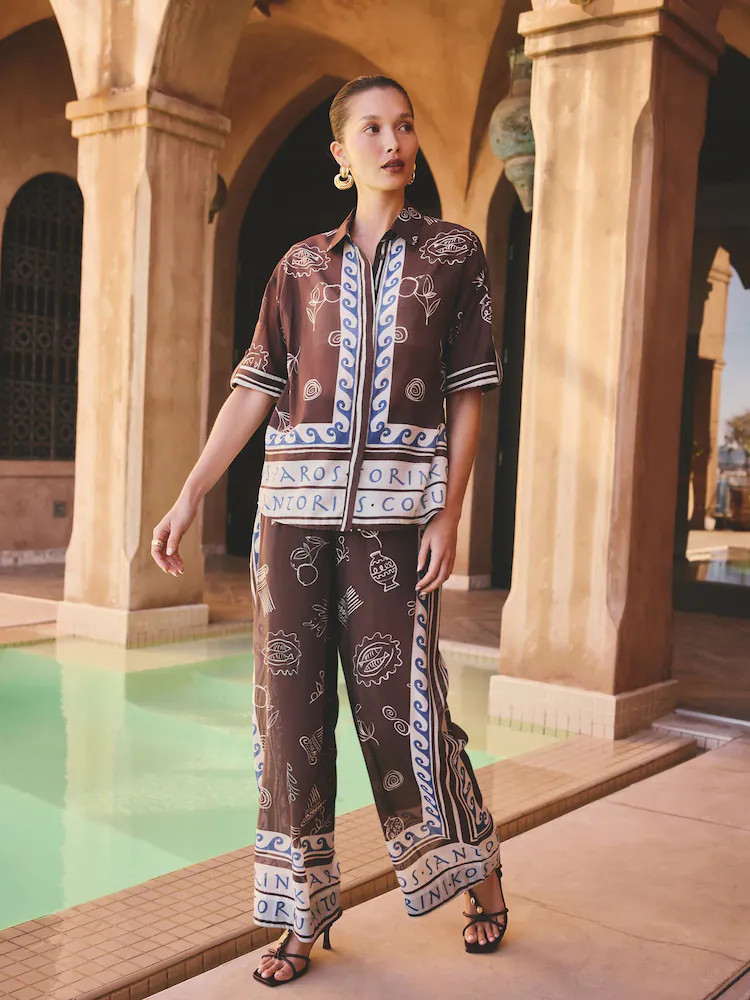 Brown/Blue Greek Print Lightweight Pull On Wide Leg Trousers | Next US