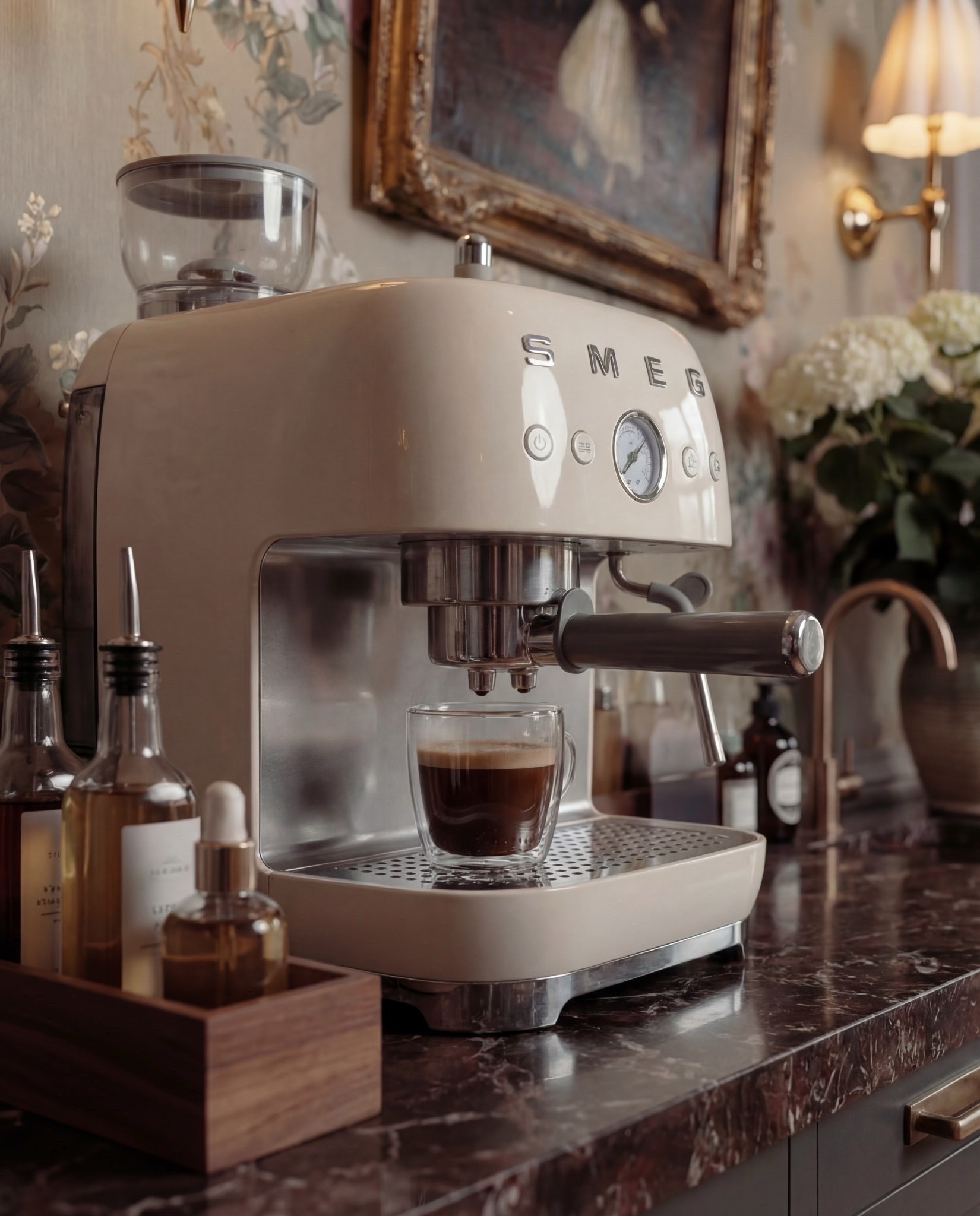 Shop the Look:
• Custom bar cabinetry (charcoal or deep green, reeded fronts)
• Brass cabinet pulls and knobs
• Dark marble or stone countertop (brown, burgundy, or black veining)
• Floral wallpaper (muted green, taupe, blush tones)
• Brass wall sconces with pleated fabric shades
• Framed vintage artwork (ornate gold frame)
• Smeg Espresso machine (cream or off-white)
• Ceramic mug or glass cup
• Wooden tray for bar essentials
• Glass bottles and barware
• Stoneware vase (aged or textured finish)
• White hydrangea floral arrangement
• Built-in sink with brass faucet
• Neutral vintage-style runner rug

#LTKSaleAlert #LTKHome