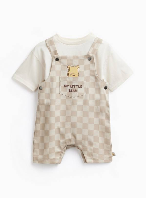 Beige Checkerboard Winnie The Pooh Print Dungarees & T-Shirt Set 3-6 months | Tu Clothing