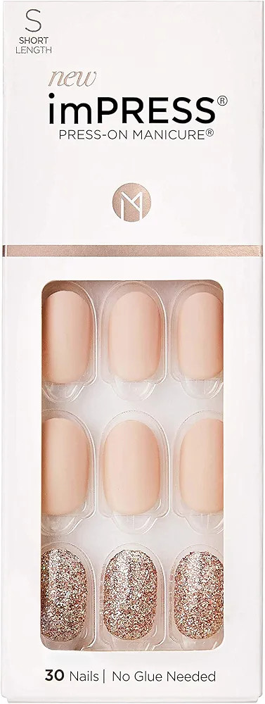 KISS imPRESS No Glue Mani Press On Nails, Design, 'Evanesce', Beige, Short Size, Oval Shape, Incl... | Amazon (US)