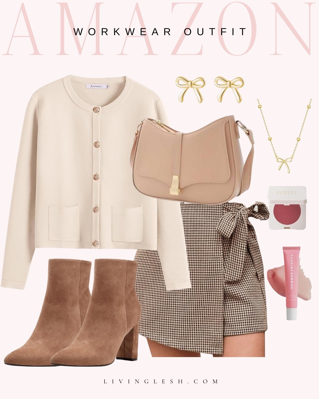 Amazon workwear | Amazon fashion | Amazon outfit | Work outfit | Fall outfit | Cardigan | Bow earrings | Boots | Booties| Tinted lip balm | Fall boots | Vintage shoulder bag | Plaid skirt | Amazon style

#LTKFindsUnder50 #LTKWorkwear #LTKSeasonal