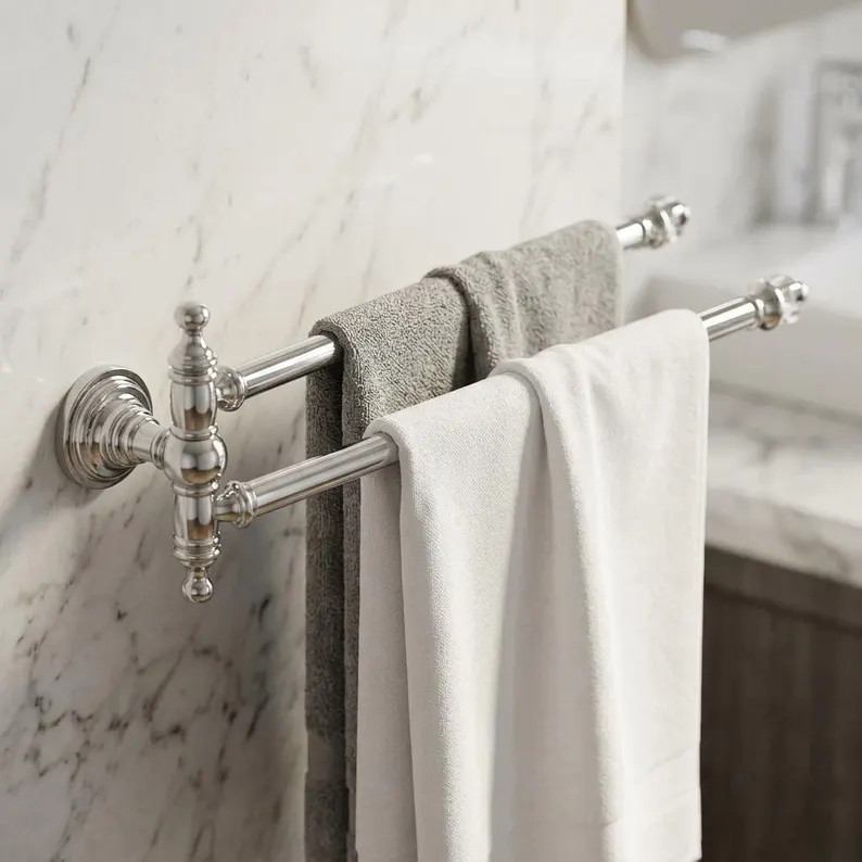 Handmade Double Towel Bar Silver Brass Wall Rack Bathroom Hanger | Etsy (Global)