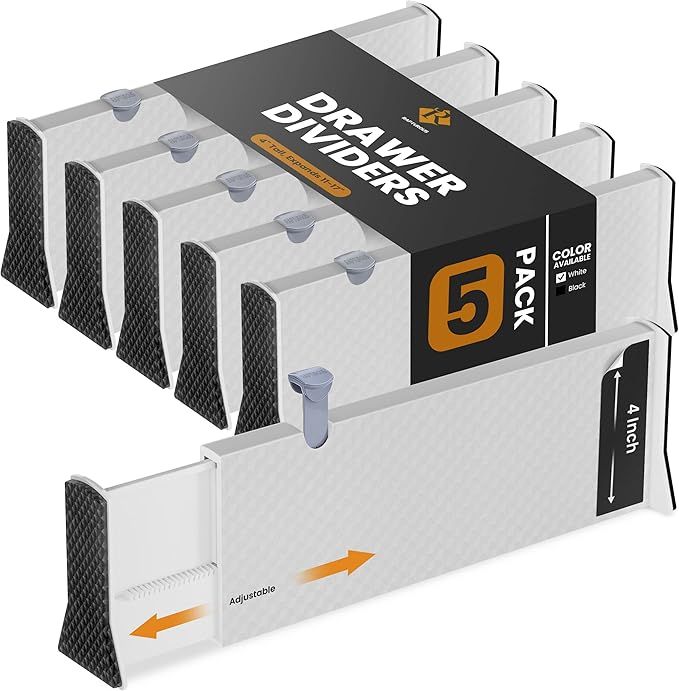 RAPTUROUS Adjustable Drawer Dividers 5 Pack, 4” High, 11-17” Long, Dresser Drawer Divider for... | Amazon (US)
