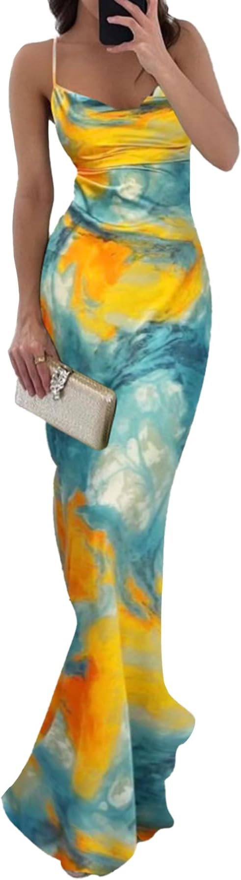 Women Tie Dye Spaghetti Strap Backless Mermaid Maxi Dress Sexy Summer Bodycon Slip Gown Blue at A... | Amazon (US)