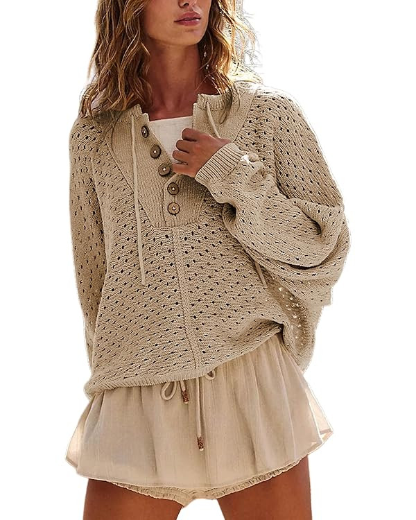Women Oversized Knit Sweatshirt Hollow Long Sleeve Button Drawstring V Neck Pullover Sweaters | Amazon (US)
