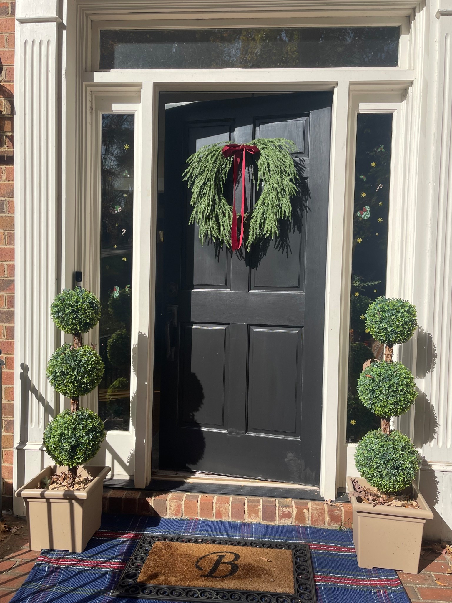 ✨Classic Christmas Front Porch Decor✨

Bring a cozy, traditional holiday feel to your front door with this timeless Christmas porch styling! 🎄💚 I layered the navy tartan plaid rug underneath our monogrammed doormat for that classic prep vibe, and paired them with these gorgeous triple ball topiaries for height and symmetry. The star of the porch is the Norfolk-style wreath with the deep red velvet ribbon — simple, elegant, and so perfect for Christmas. 🎀🌲 Everything is super affordable and easy to recreate!

Navy tartan rug, evergreen Norfolk wreath, artificial topiary trees, and our monogram “B” doormat are all linked so you can shop this whole front porch moment.✨

💫 Perfect for the holidays, Christmas hosting, and creating a warm seasonal welcome!

🎄✨ navy plaid rug • holiday front porch decor • Christmas wreath • outdoor Christmas decorations • classic Christmas porch • layered doormat look • artificial topiary trees • front porch styling • neutral Christmas entryway • Walmart Christmas finds • Amazon home decor • monogram doormats • festive front door décor • cozy holiday home styling ✨🎄

#LTKHome #LTKHoliday #LTKFindsUnder50