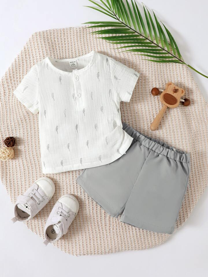 Baby Boy Plants Print Button Front Tee & Shorts | SHEIN