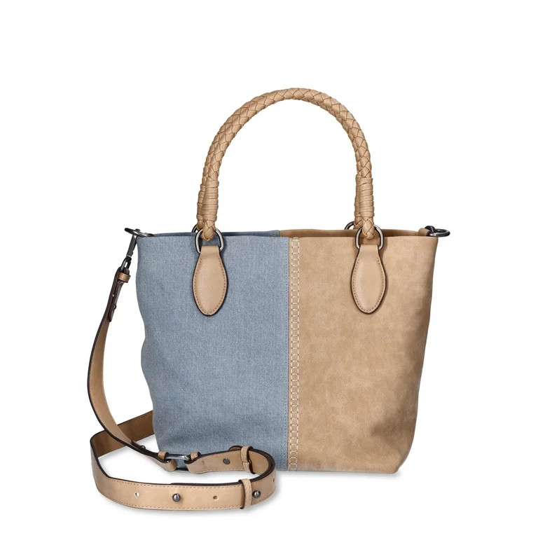 Time and Tru Women's Lovina Denim and Faux Leather Tote Bag, Denim Honey | Walmart (US)
