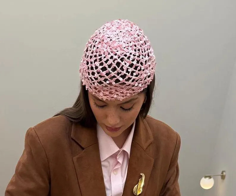 Mesh Beanie Hat with Sequins, All Color Skull Cap, Shiny Lace hat Pink mesh beanie hat with sequi... | Etsy (US)