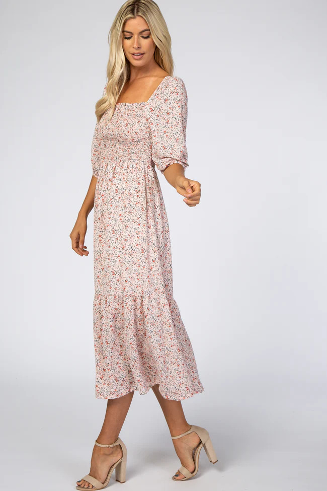Light Pink Floral Smocked Midi Dress | PinkBlush Maternity