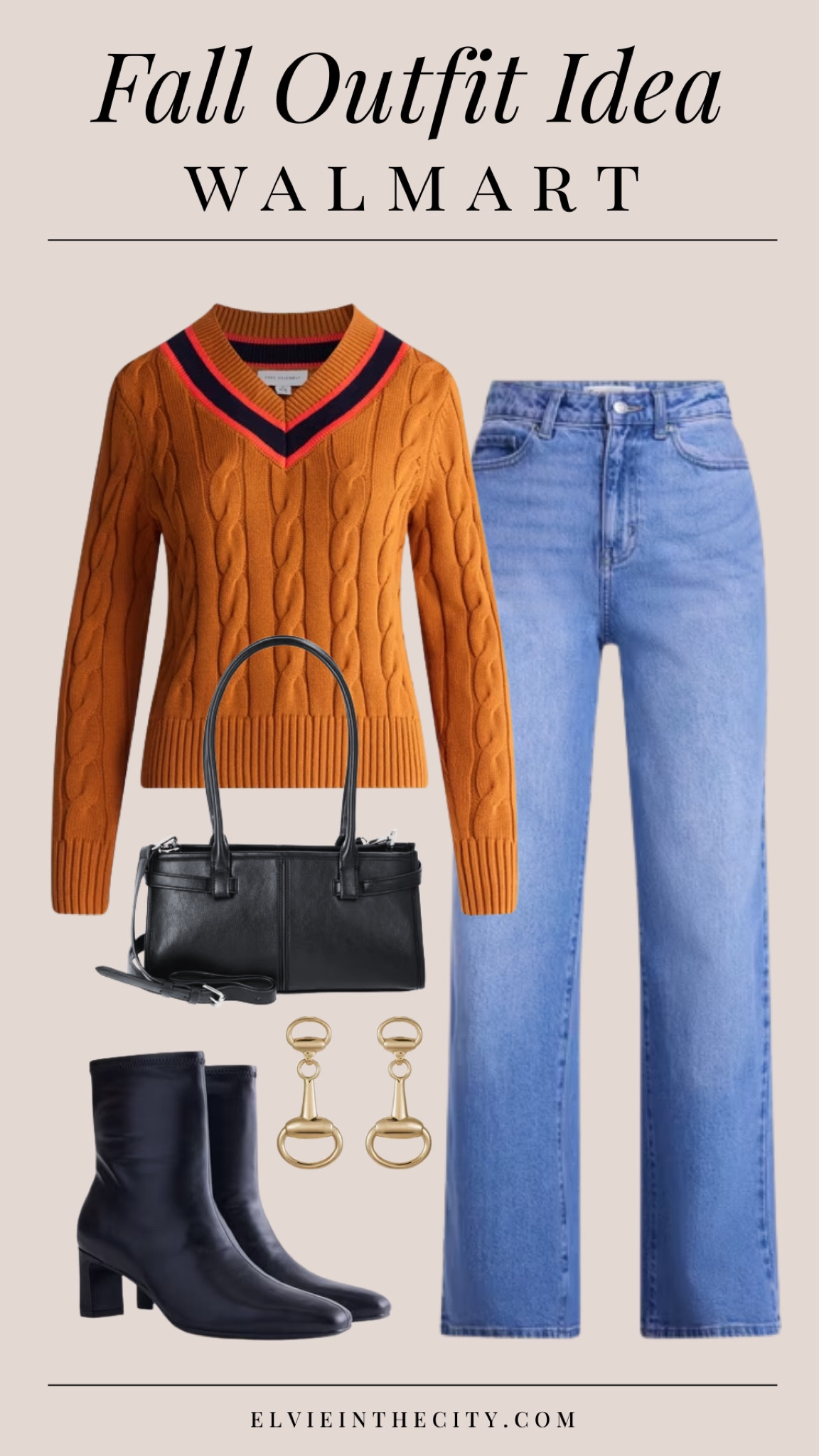 This fall outfit idea includes a v neck cable knit sweater paired with wide leg jeans, a black shoulder bag, black boots and gold horse bit drop earrings.

Ootd, fall outfit, affordable fashion, walmart fashion, fashion over 40, over 50 style

#LTKOver40 #LTKootd