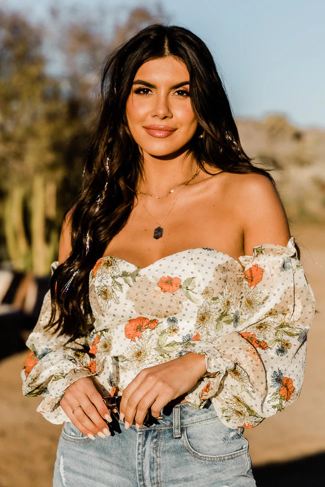 Don't Look Back Beige Floral Print Off The Shoulder Corset Blouse | Pink Lily