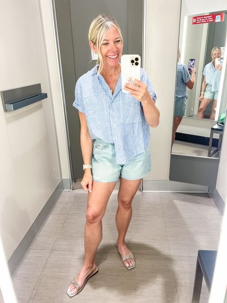 Love this striped button-down short sleeve shirt with denim shorts and sandals. Size small shirt but could’ve used an extra small as it does. Red and big. Size 2 jean shorts. Target circle.

#LTKxTarget #LTKsalealert #LTKfindsunder50