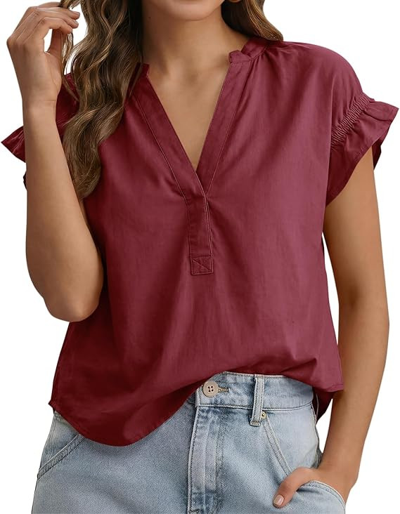 Tankaneo Womens Ruffle Cap Sleeve Tops Summer V Neck Cotton Blouse Dressy Casual Loose Fit Curved... | Amazon (US)