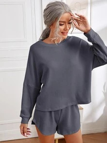 Solid Waffle Knit Drop Shoulder Lounge Set
   SKU: si2109081049227714      
          (481 Review... | SHEIN
