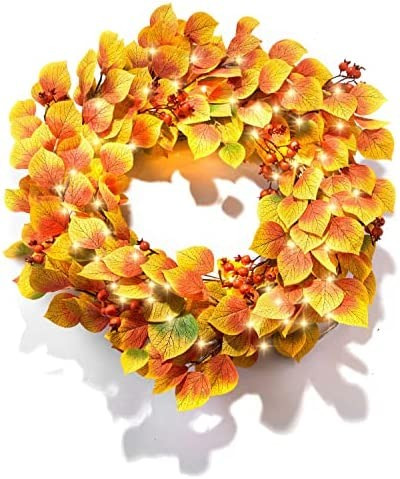 Fall Wreath with Lights - 23 Inch, 80 LED, Battery Operated, Realistic Autumn Leaves & Berry Spra... | Amazon (US)