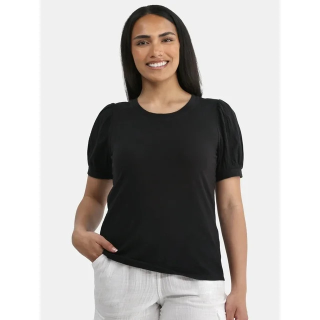 Time and Tru Women's Cotton Mixed Fabric Puff Sleeve Top, Sizes XS-XXXL | Walmart (US)