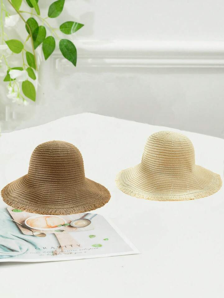 1pc Women's Solid Color Breathable Wide Brim Sun Hat With Hollow Out Design And Raw Edges, Suitab... | SHEIN