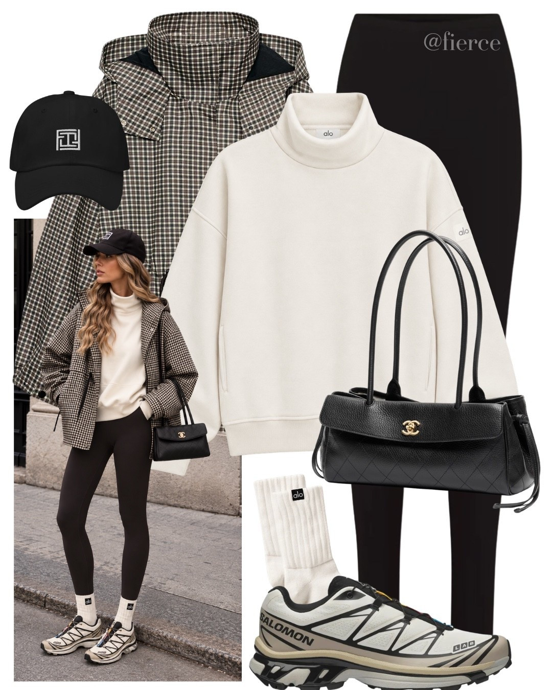Check jacket Salomon sneakers black leggings Chanel black east west bag Alo yoga funnel neck sweatshirt athleisure outfit idea

#LTKuk #LTKautumn #LTKeurope