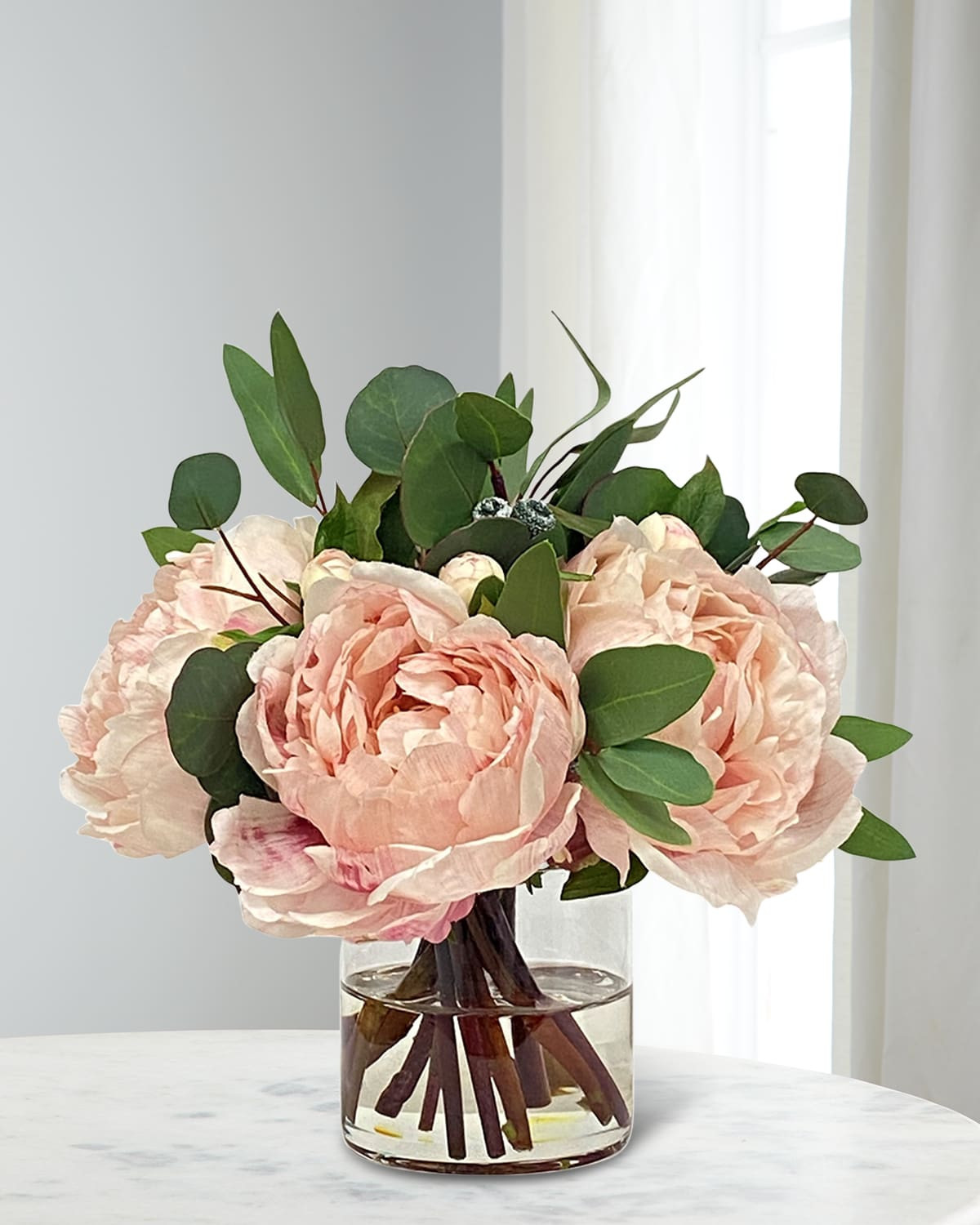 Peonies & Eucalyptus 10" Faux Floral Arrangement in Glass Cylinder | Neiman Marcus