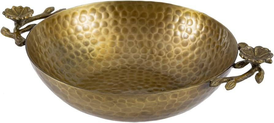 MyGift 10 Inch Vintage Brass Tone Hammered Metal Fruit Bowl with Floral Shaped Handles, Decorativ... | Amazon (US)