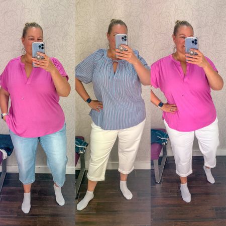 Capri pants are back and I never stopped loving them!! 

Found two great pairs - one a light wash and one white pair. Both a boyfriend for so loose fit style. I’m normally an 18/20 and wearing an 18 in everything. 

The hot pink top is a gauzy material and comes in more colors. A great lightweight option that can be casual or work with slacks to work. 

The chambray denim look top is perfect for 4th of July with small red stripe pattern on it. For red, white, and blue outfit? Pair with the white capris or shirts. 

#LTKSeasonal #LTKPlusSize #LTKSaleAlert