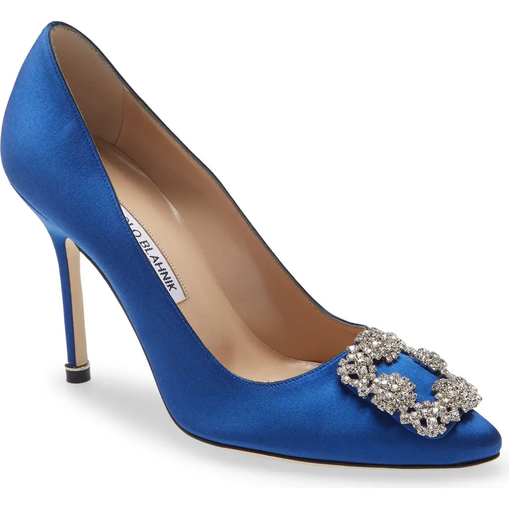 Manolo Blahnik Hangisi Crystal Buckle Pump in Blue Satin Clear/Buckle at Nordstrom, Size 10Us | Nordstrom