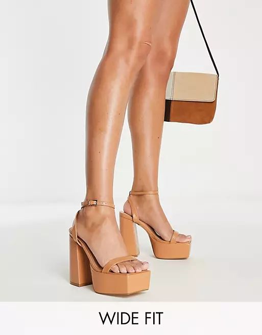 Simmi London Wide Fit platform heeled sandals in camel | ASOS | ASOS (Global)