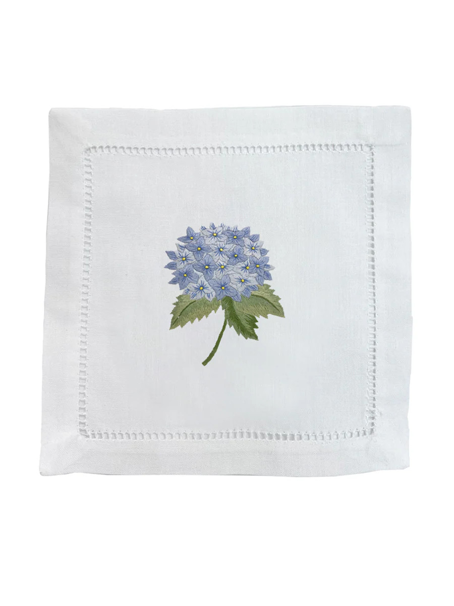 Cocktail Napkins, Embroidered, French Hydrangea (Light Blue), Set of 4 | Jacaranda Living