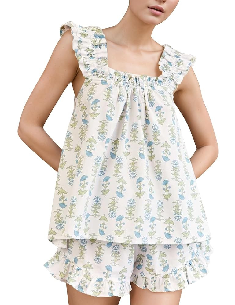 Kissonic Womens Ruffle Pajamas Set 2 Piece Summer PJs for Women Floral Pajama Ruffle Trim Cami To... | Amazon (US)