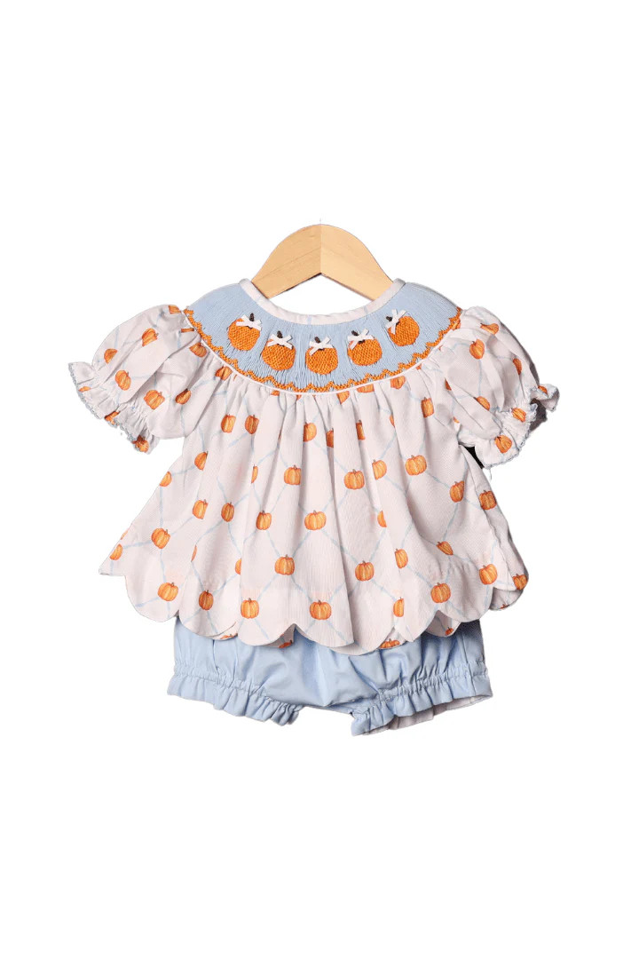 Smocked Blue Trellis Pumpkin Bloomer Set | The Smocked Flamingo