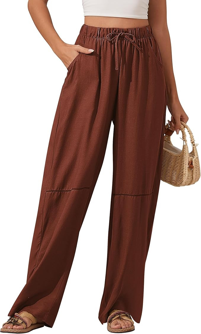 Women's Wide Leg Linen Pants High Waisted Flowy Palazzo Trousers Casual Summer Beach Long Slacks ... | Amazon (US)