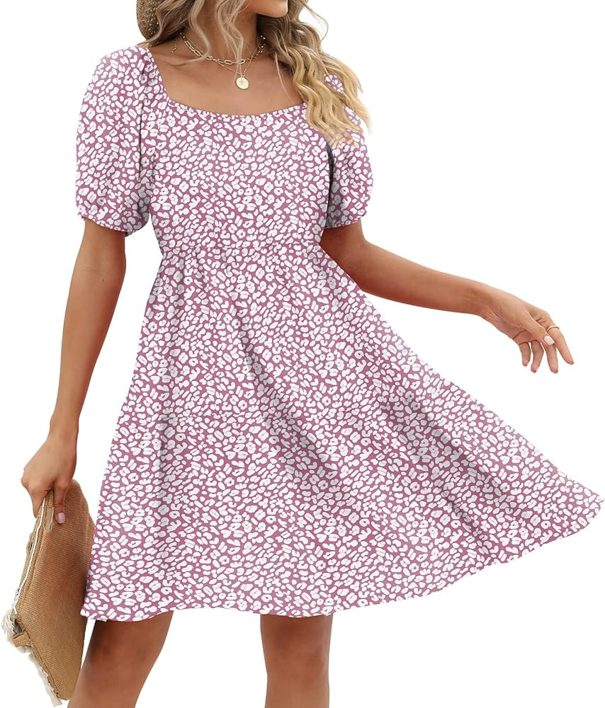 Womens Dresses Square Neck Puff Sleeve Casual Loose Spring A-Line Dresses | Amazon (US)