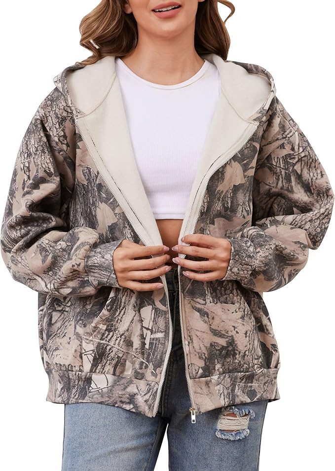 Womens Camo Zip Up Hoodie Long Sleeve Maple Leaf Print Oversized Hooded Jacket Fleece Full Zip Sw... | Amazon (US)