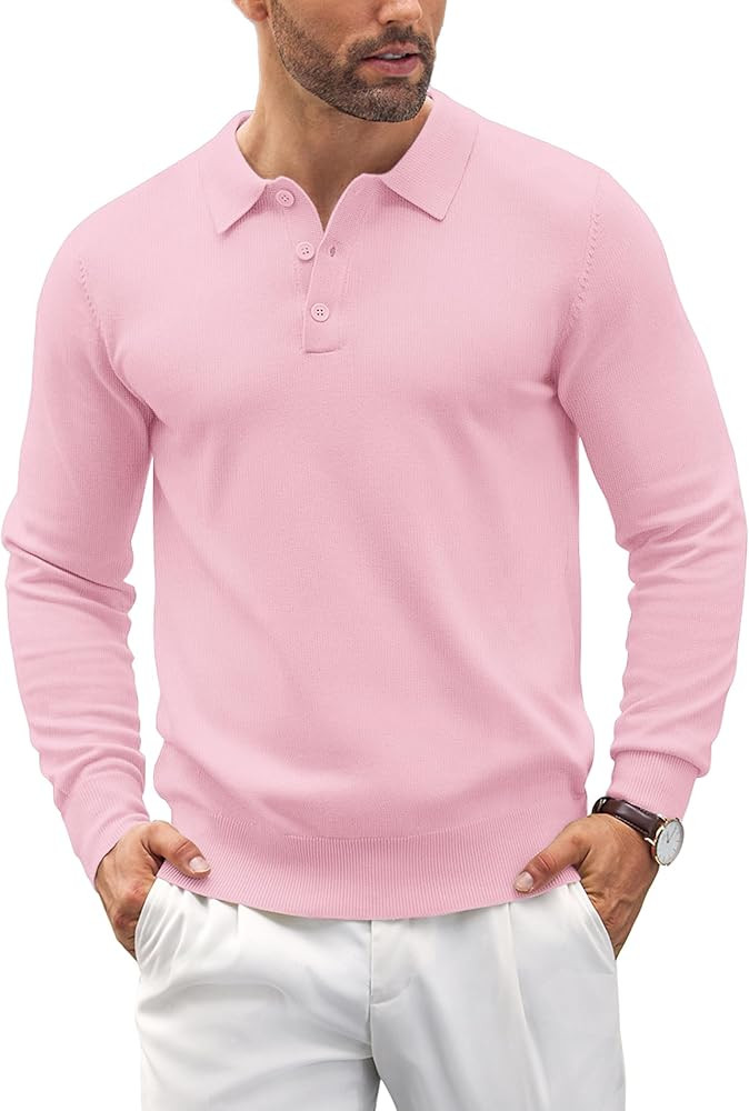 COOFANDY Mens Knit Polo Shirts Casual Long Sleeve Classic Polo Shirts Button Down Golf Shirts | Amazon (US)