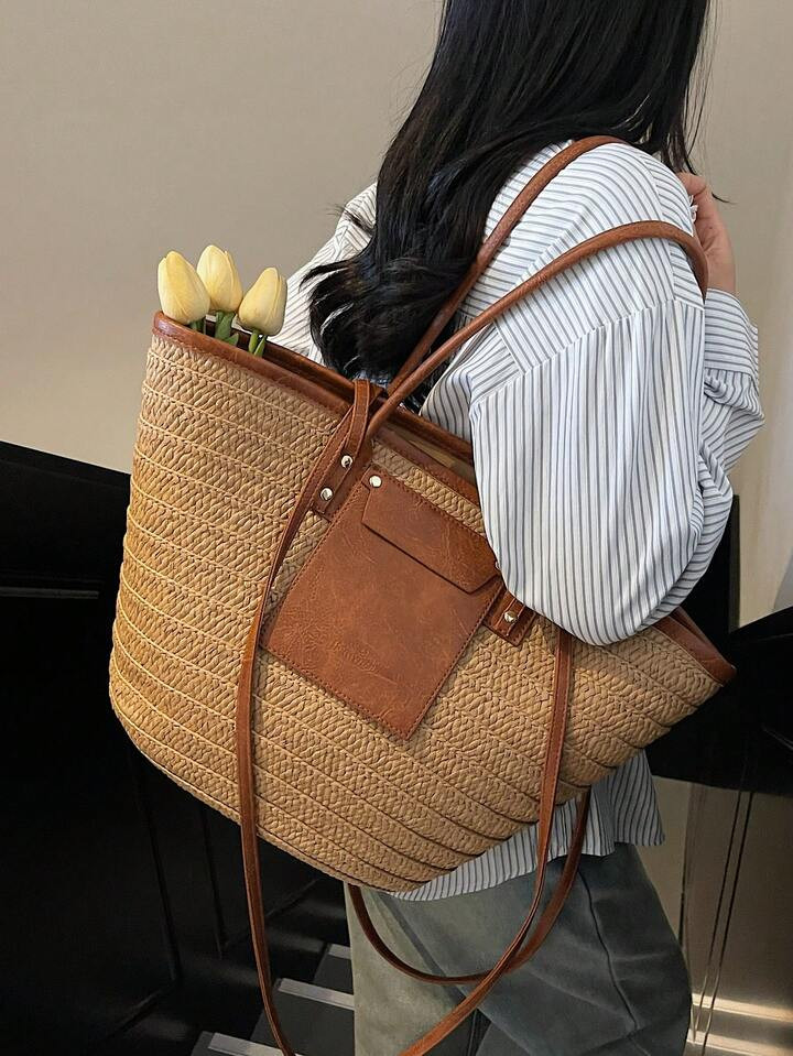 Fashion Classic Joker Large-Capacity Contrast Edge Design Seaside Holiday Wind Straw Bag, Tote Ba... | SHEIN