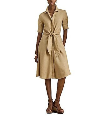 Lauren Ralph Laure Linen Point Collar Elbow Length Sleeve Fit And Flare Shirt Dress - 2 | Dillard's