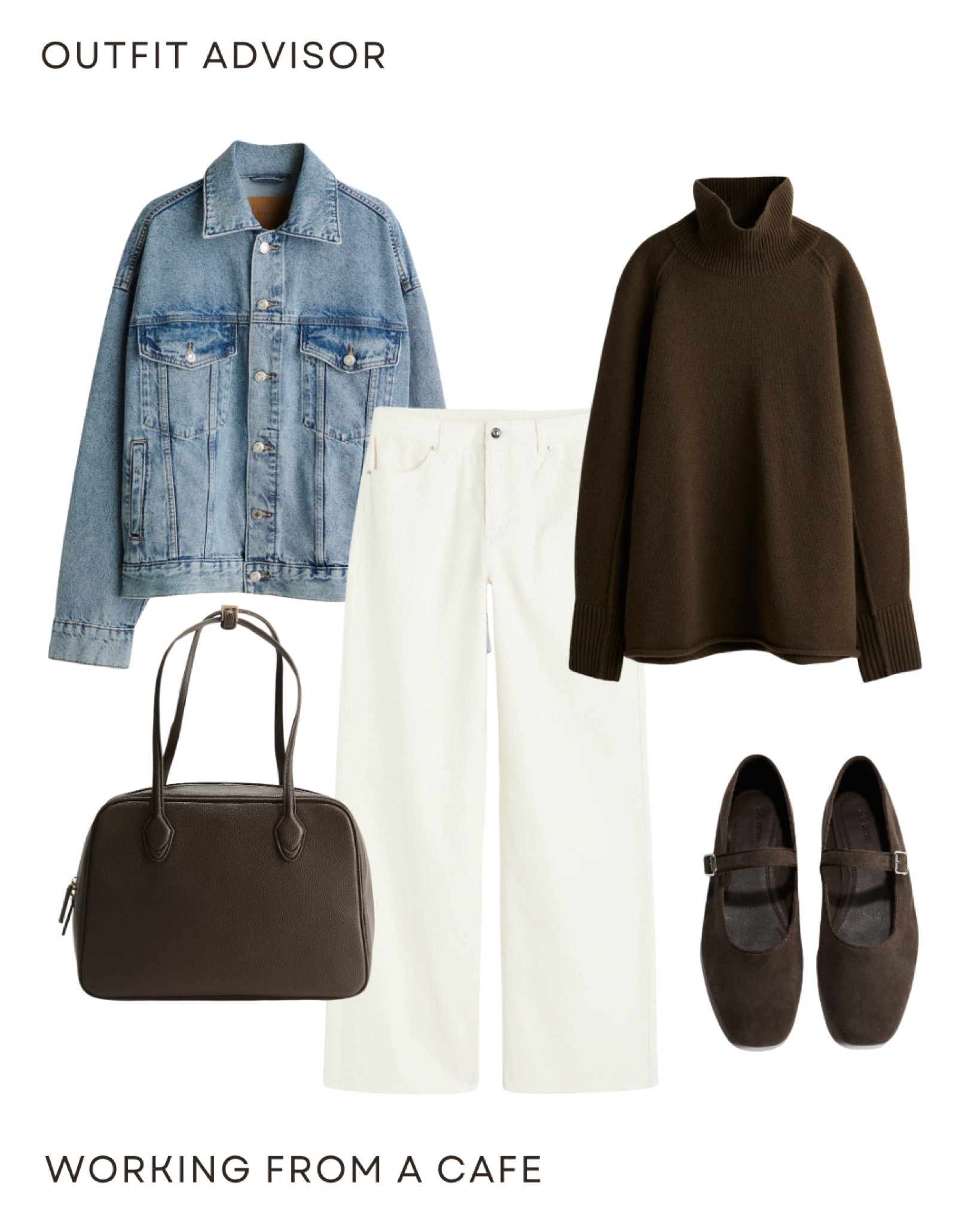 Autumn outfit idea: a long jean jacket, a white pair of jeans, a knit turtleneck, brown bag and suede flats  

#LTKstyletip #LTKworkwear #LTKautumn