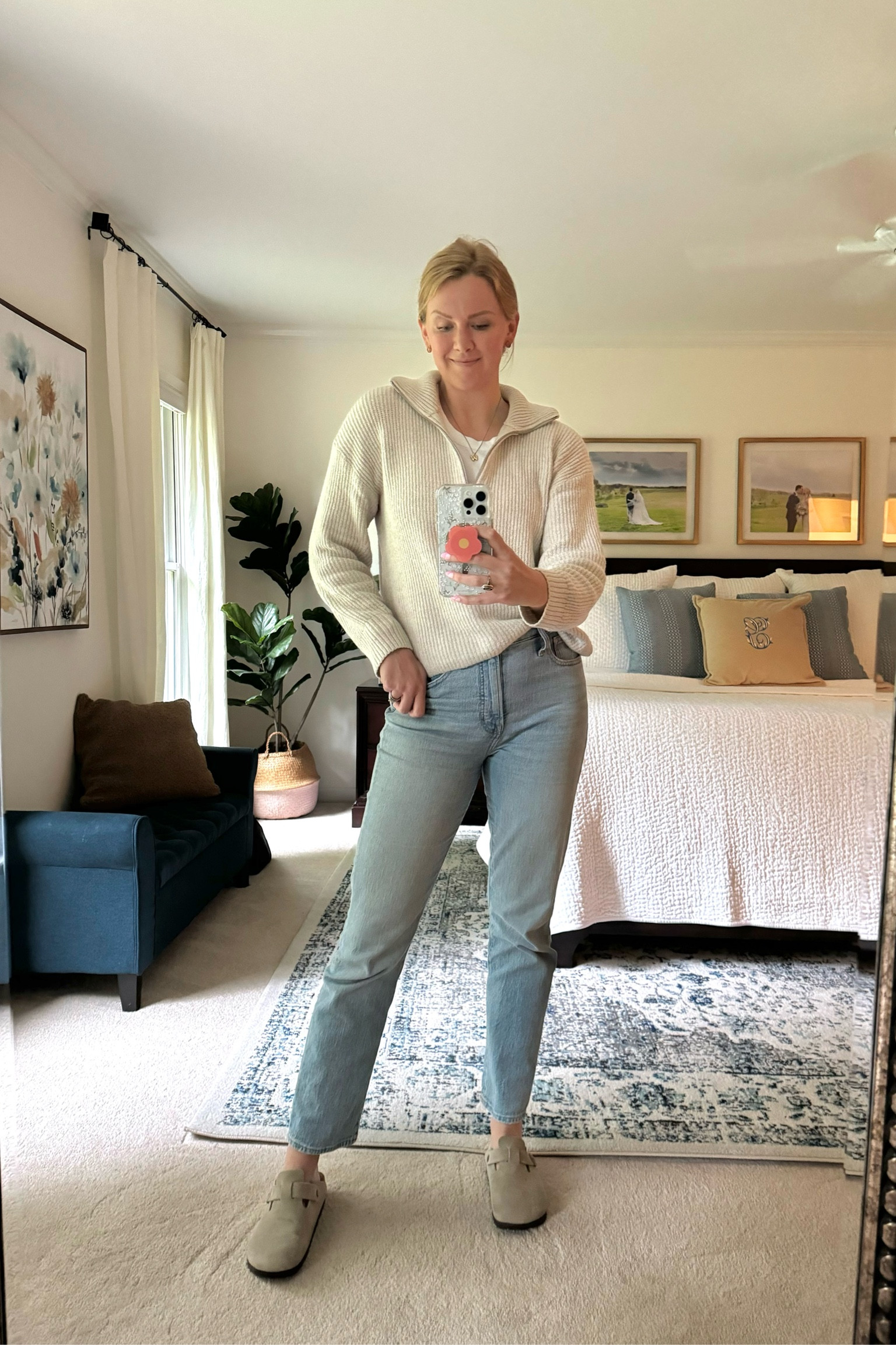 Cool spring outfit of the day - wearing my favorite jeans for summer. Love the straight leg and light wash. I sized down one from my typical jeans size. Now come in a cropped version.

Wore my favorite pullover sweater and layering tank underneath 

Paired with Birkenstock clogs 

Everything but the jeans fits true to sizee

#LTKFindsUnder100 #LTKSeasonal #LTKStyleTip