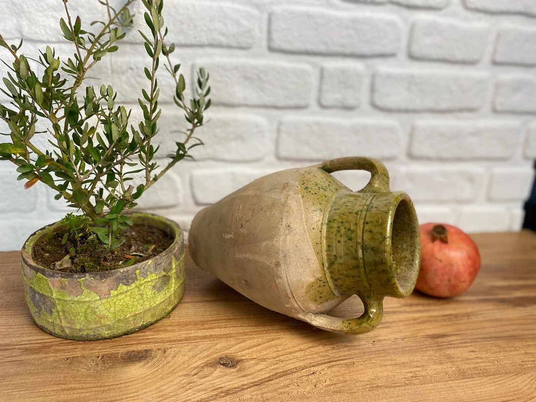 Vintage Decor Bronze Clay Jug, Old Clay Pot, Wabi Sabi Pottery, Rustic Decor, Old White Clay Vase... | Etsy (US)